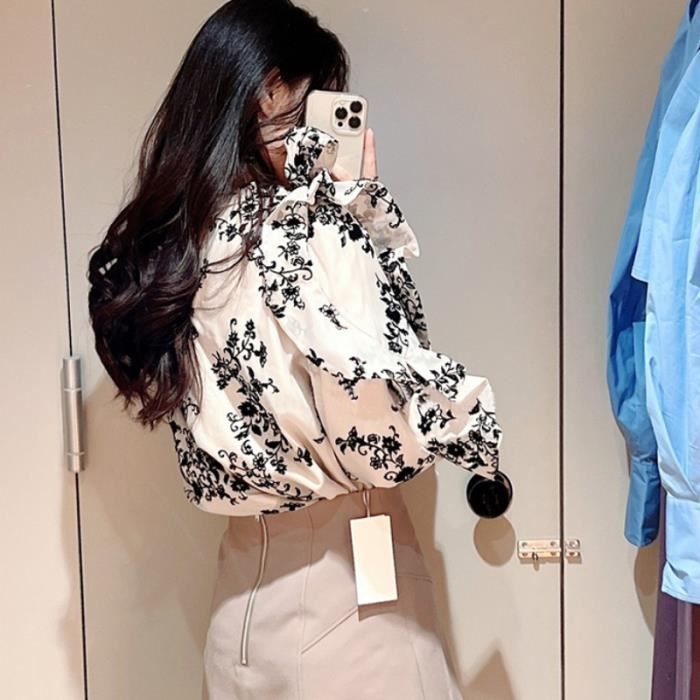 Chemisier Kuzuwata Chemisiers vintage a imprime floral pour femmes col montant n ud papillon bandage volants japonais Bleu A13008 Blanc Cdiscount Pret a Porter