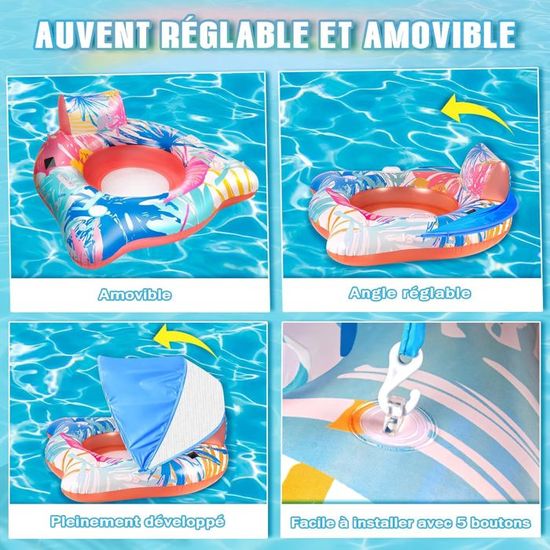 IEEILULU Bouée Piscine Adulte Gonflable – Matelas Avec Auvent Solaire Réglable, Porte-Gobelets, Lumière LED Solaire, Hamac Eau Relaxant