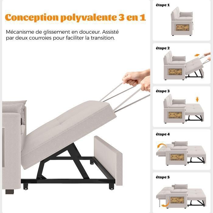 Canapé 3 Places Convertible Avec Ports USB/Type-C - Velours, Espace Rangement, Gris/Brun