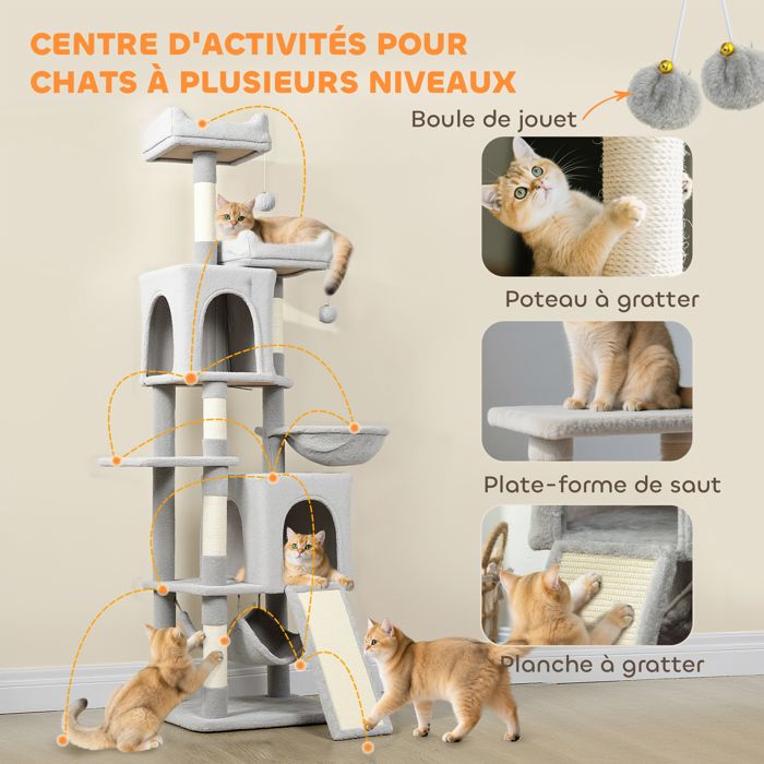 Arbre à Chat PawHut 177 Cm - 3 Plateformes, 2 Niches, 2 Hamacs | Griffoir Sisal, Stable, Pour Plusieurs Chats - 3