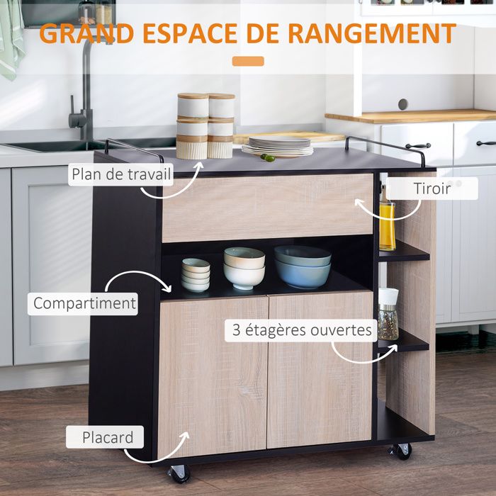 Desserte Cuisine HOMCOM à Roulettes – Style Contemporain Blanc & Bois, Tiroir, Placard, 3 Étagères, Plan De Travail Multifonction