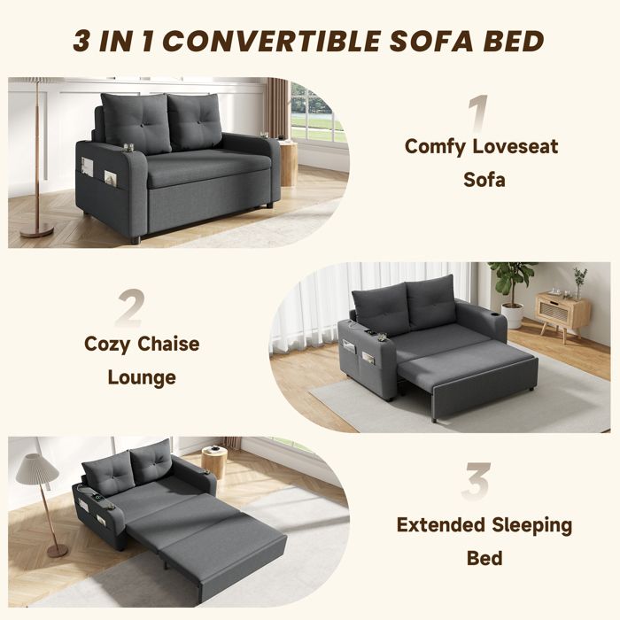 Canapé-Lit Gigogne 3 En 1 Avec Ports USB - Inclinable, Convertible En Lit - Noir - Idéal Studio/Petits Espaces