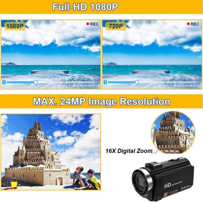INF Caméra vidéo 1080P 24MP avec zoom 16x et écran LCD rotatif de 270 ...