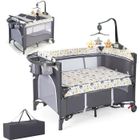 DREAMADE 5 en 1 Lit Bébé Lit Parapluie Pliable Berceau avec Matelas, Table à langer, Boîte à Musique, Jouets Suspendus, ours