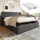 REDOM Lit coffre hydraulique en lin 160 x 200 cm avec matelas et sommier à lattes en bois, gris