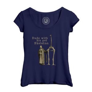 T-SHIRT T-shirt Femme Col Echancré Bleu Dude with his pet Skeleton Planches Biologie Illustration Ancienne