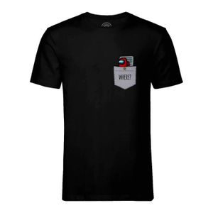 T-SHIRT T-shirt Homme Col Rond Noir Imposteur Poche Surprise Illustration Dessin