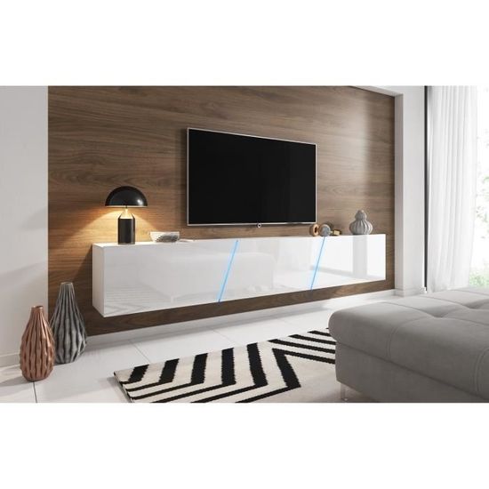 3xeLiving Meuble TV suspendu moderne et tendance Aczi blanc / blanc brillant 240cm LED