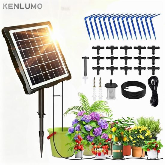 Kit Irrigation Goutte à Goutte Solaire 2200mAh - Programmateur Automatique Avec 15 Goutteurs Pour Jardin Balcon Plantes