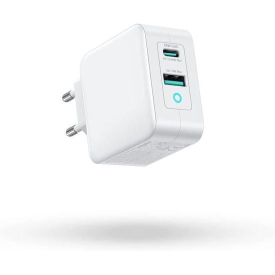 Chargeur USB-C 65W GaN – Compact, 2 Ports, Charge Rapide – Compatible MacBook, IPad, Samsung, IPhone, Etc.