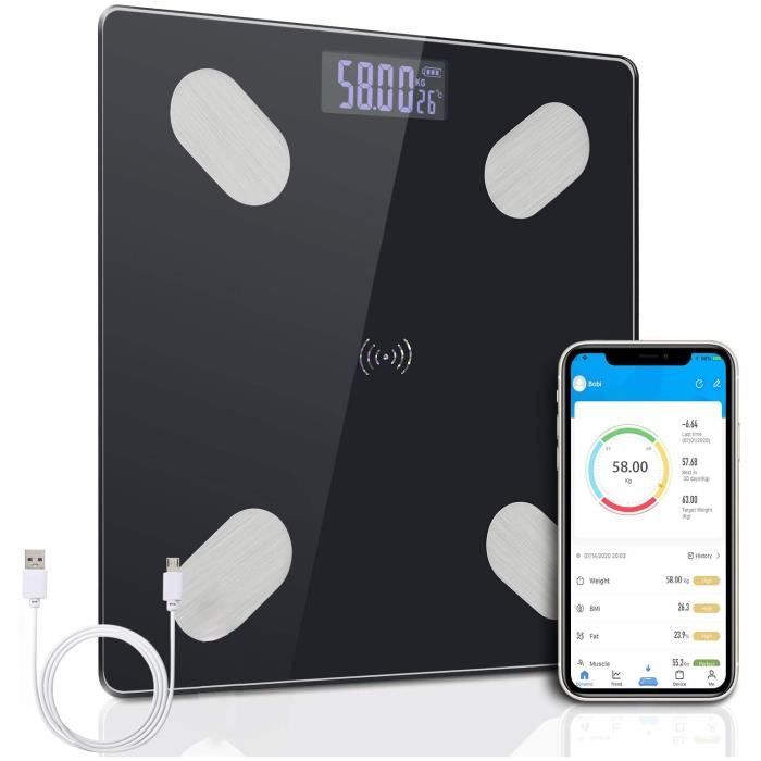 Pèse Personnes Impédancemètre, Balance Connectée Bluetooth, Ecran LED ,Body Composition Scale,Noir