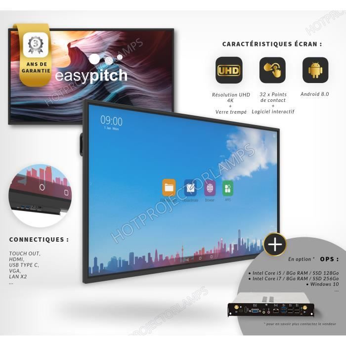 EASYPITCH ADVANCE- Ecran interactif 65 pouces 4K UHD - Android 8.0 (Garantie 3 ans)