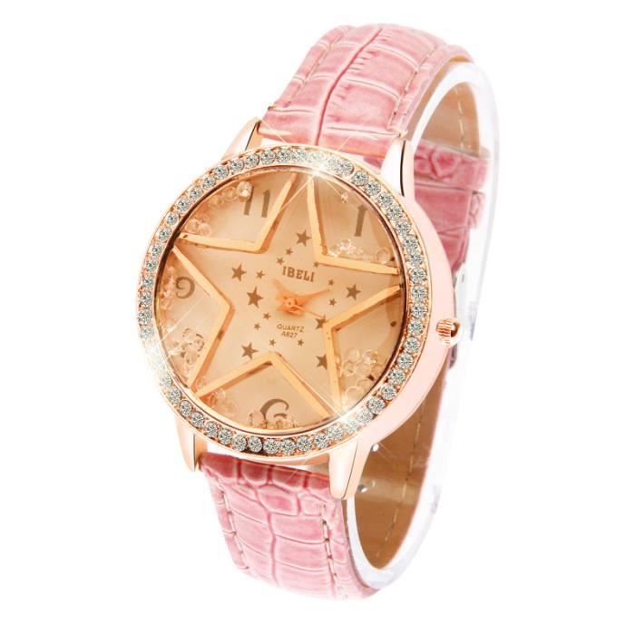 (#140) Fashionable Diamond Decoration Pentagram Style Quartz Watch with PU Leather Band (Pink)