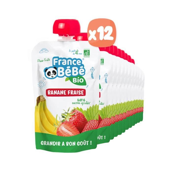 FRANCE BéBé BIO - Gourde de Purée de fruits & légumes BIO dès 4 mois - Banane Fraise - Pack de 10 x 100g