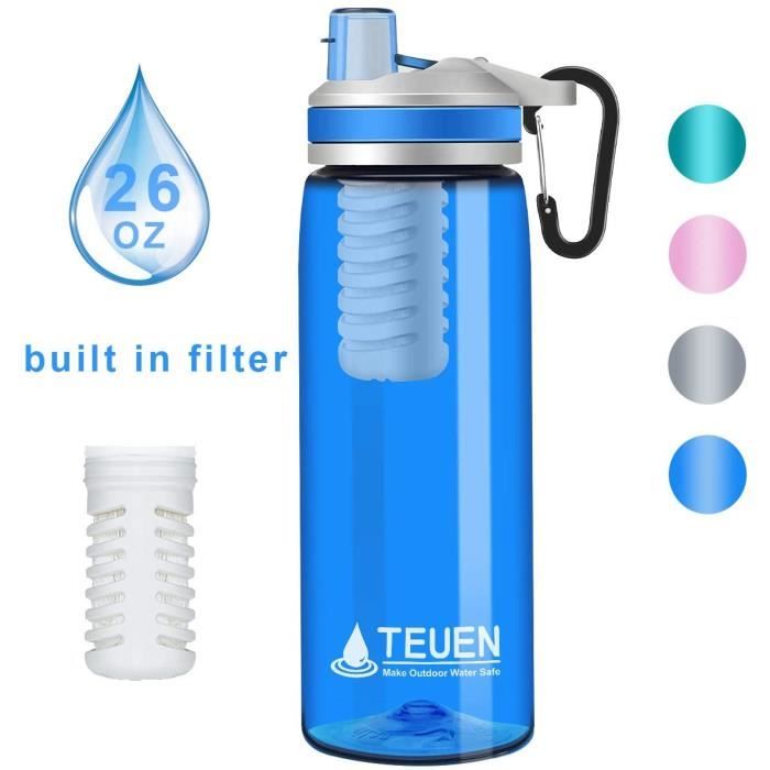 Bouteille Filtre Eau 750ml Survie Gourde Filtrante Eau avec Paille Filtre Enlève Bactéries et Protozoaires, 2000L Filtration Eau Po