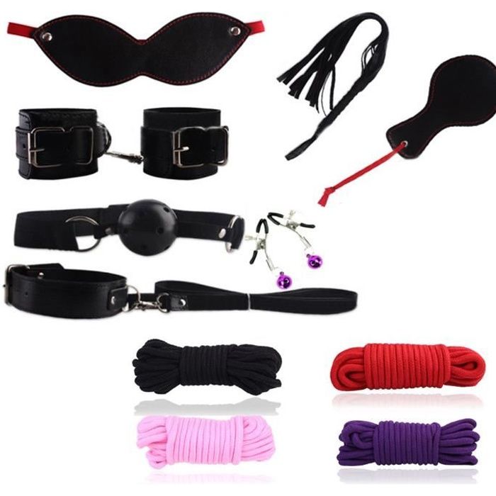 8Pcs Kit Sex Toys Cosplay Adulte SM Jouet Sexuel Menottes Set Bondage du Cou Fouet Corde Noir Restriction Fétichisme