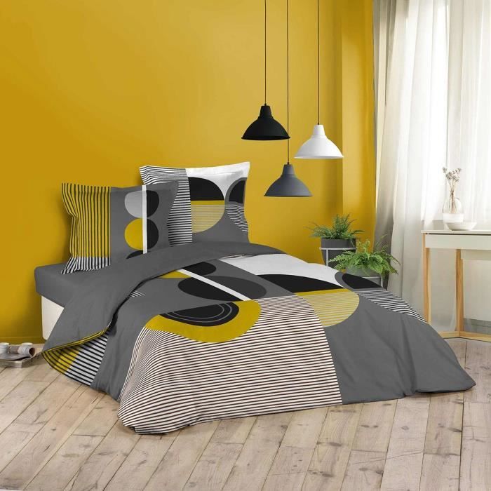 Housse de couette 240x260 + 2 taies Sixties jaune coton Jaune