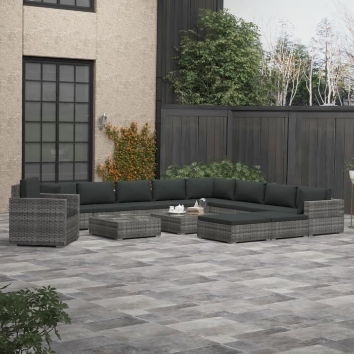 FAS Salon de jardin 13 pcs avec coussins Résine tressée Gris