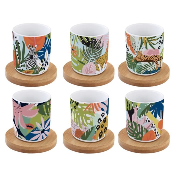 COFFRET 6 TASSES A CAFE EN PORCELAINE SOUS TASSES EN BAMBOU TROPICAL VIBES - EASYLIFE