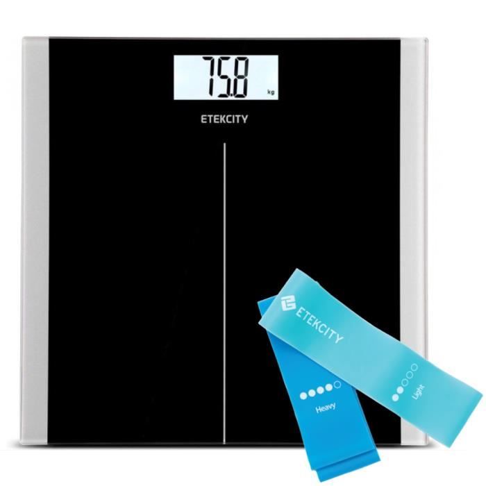 Etekcity Pèse Personne Électronique, Bonus 2 bandes de résistance, Mètre à ruban, Capteurs de Haute Précision,180kg/400lb, Noir
