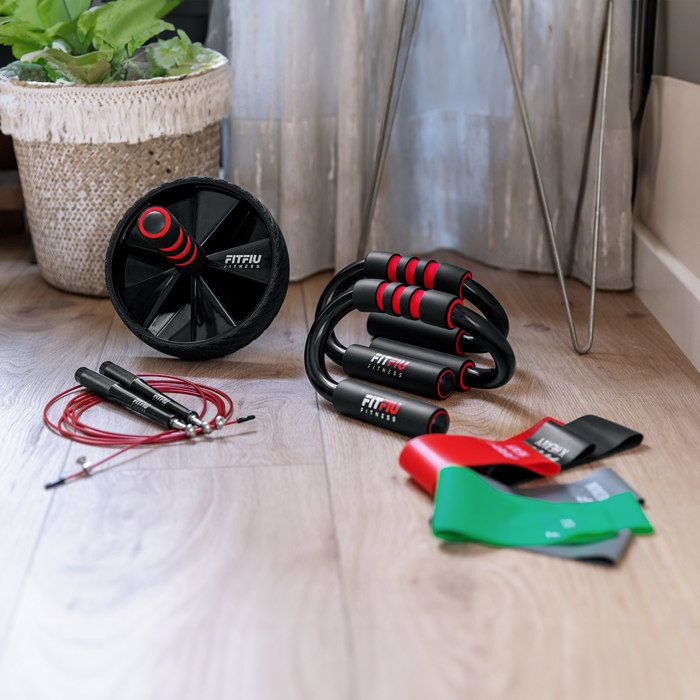Pack 4 accessoires KITFIT-400 avec roue abdominale, corde à sauter, poignées de push-up, bandes élastiques - FITFIU Fitness