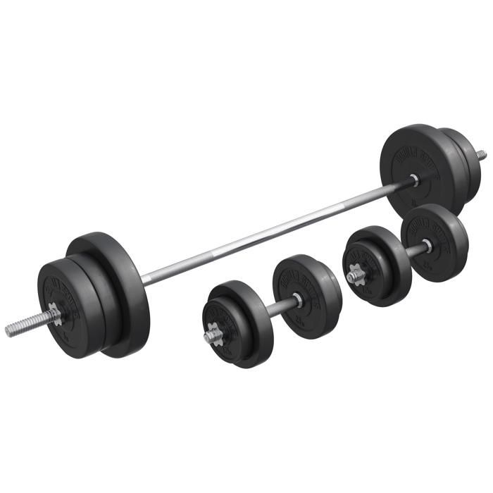 Gorilla Sports - Set d´haltère avec disques revêtement plastique + barre longue 70 Kg