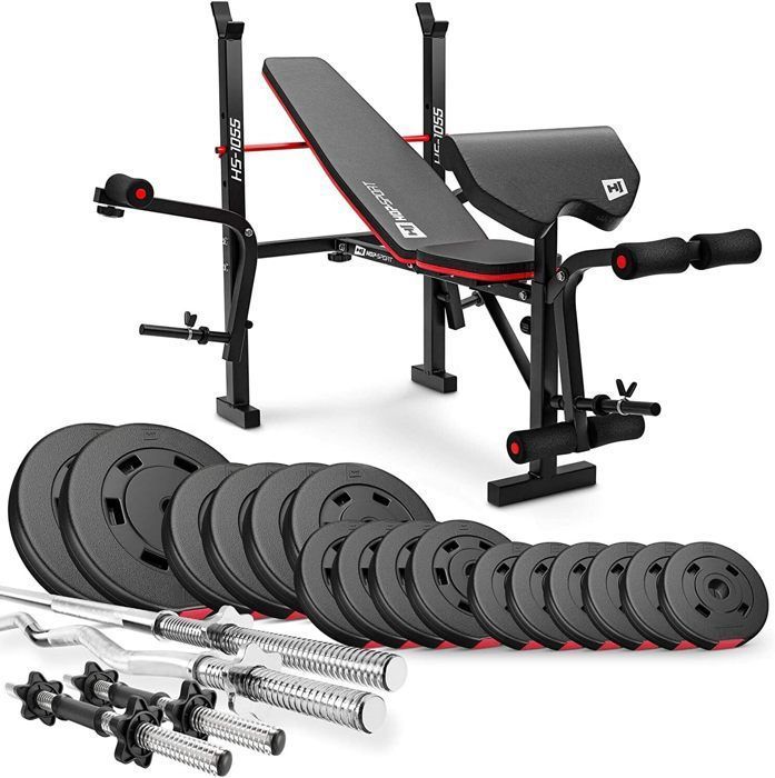 Hop-Sport Banc de Musculation Pliable HS-1055 avec Pupitre de Curl, Papillon et Curler de Jambes avec Set d'haltères de 74 kg