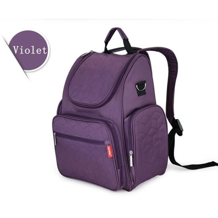 Sac à langer à Dos Bébé Grande Capacité Confort Multipoche avec Poignée Biberon Pour Maman Fixer à Poussette Violet