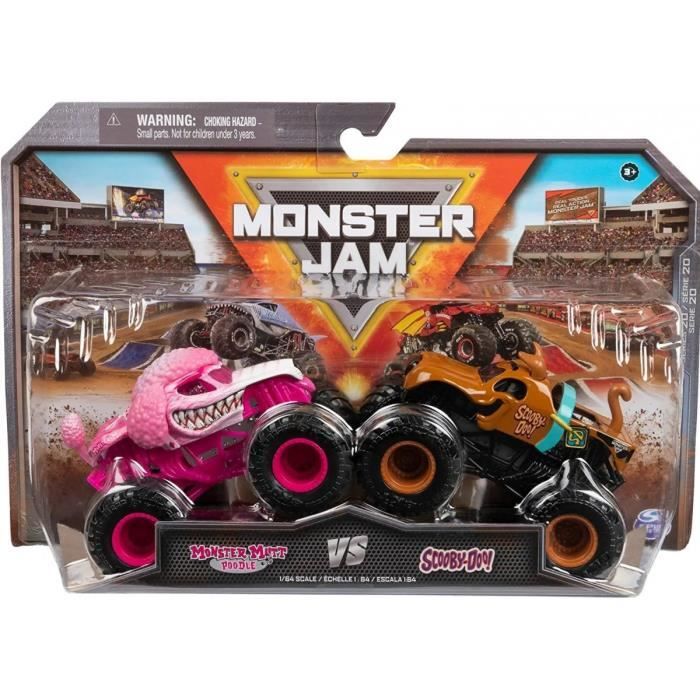 Coffret Monster Jam Monster Mutt Poodle Et Scooby Doo Voiture Rose Et brune Set 2 Vehicules Miniatures Metal 1 Carte Offerte Colle