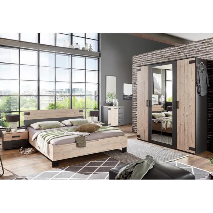 Chambre à coucher complète adulte (lit 180x200 + 2 chevets + armoire + commode) coloris chêne