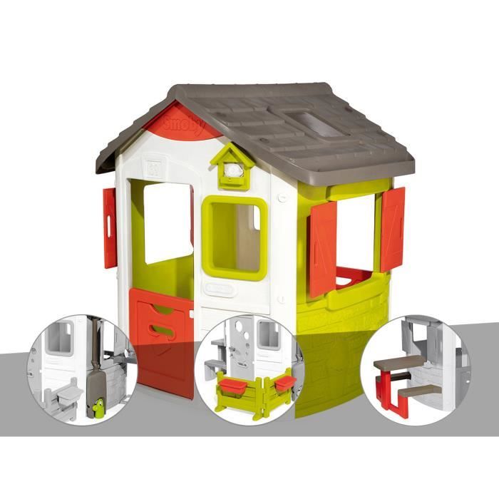 Cabane enfant Neo Jura Lodge - Smoby + Récupérateur d'eau + Espace jardin + Table pique-nique 115,4 x 123,3 x 132 cm