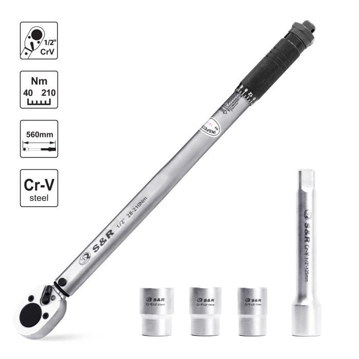 S&R Clé Dynamométrique 1/2 ' 46 cm (28-210 Nm) Cliquet carré Reversible + Rallonge 1/2' 12,5 cm + 3 Douilles (17, 19, 21 mm) Pour
