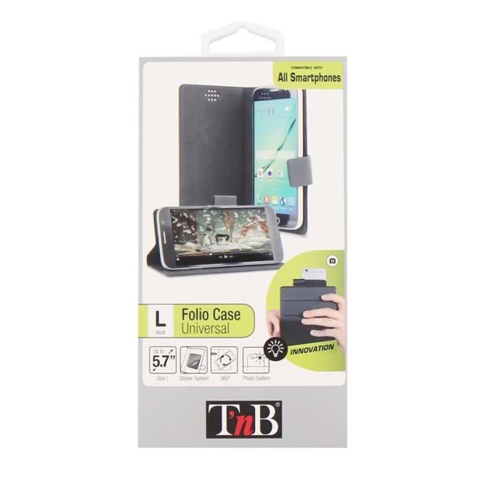 Etui folio universel pour Smartphones 5,7’’. Conçu avec un système de fixation autocollante cet étui est compatible avec les Smar...