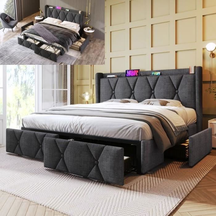 structure de lit lit adulte 160x200 cm avec chargement usb et 4 tiroirs lit double avec sommier à lattes tissu en lin gris