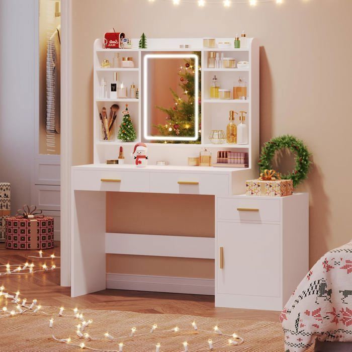 Coiffeuse Grande Table avec Miroir et Lumière LED Réglable 3 Tiroirs de Rangement et 1 Armoire de Rangement Blanc