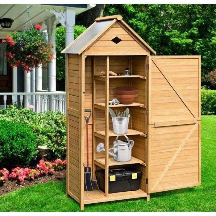 Abri de Jardin en Bois de Sapin - RELAX4LIFE- Toit Galvanisée - Porte Verrouillable - 5 Étagères et Compartiment - 80X35X177CM