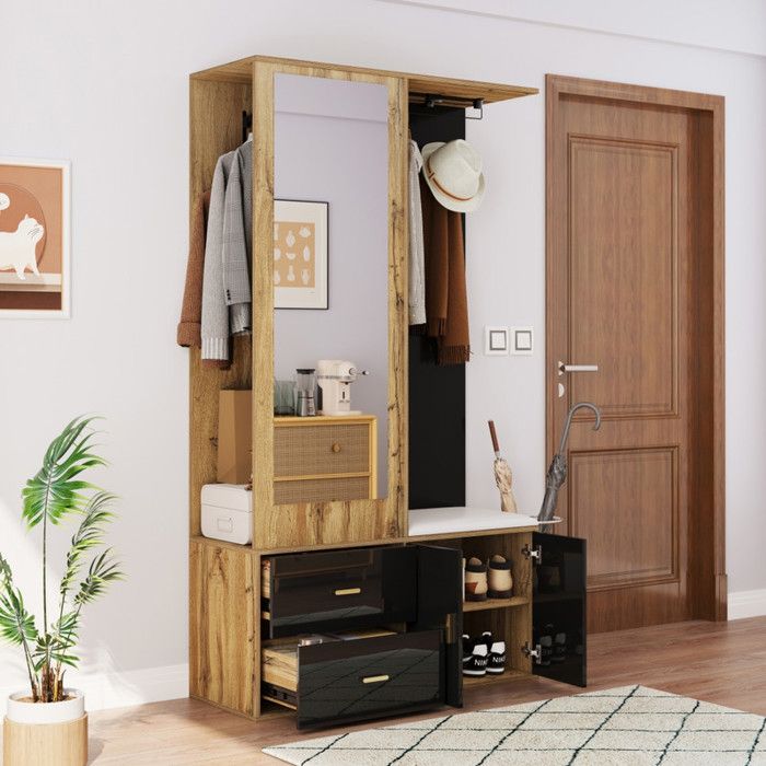 Meuble D'entrée 120cm Avec Banc, Miroir, Tiroirs Et Crochets - Blanc/naturel - Organisation Hall