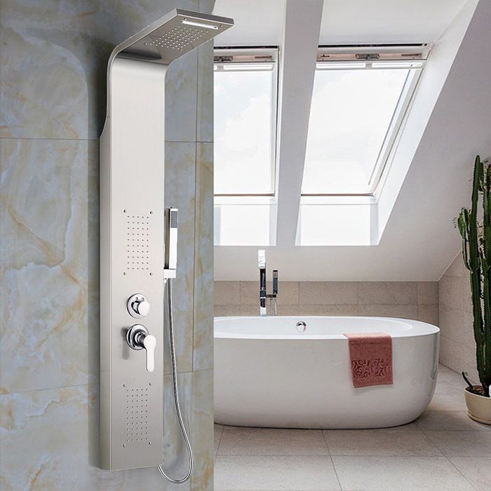 Colonne de douche hydromassante multifonction en acier inoxydable avec pomme de douche fixe, massage, étagère (nickel brossé) - Bricolage