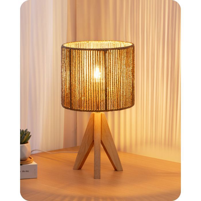 Lampe de table - EDISHINE - T21001 - Abat-jour corde tissée - Trépied bois massif - Ampoule LED E27 2700K