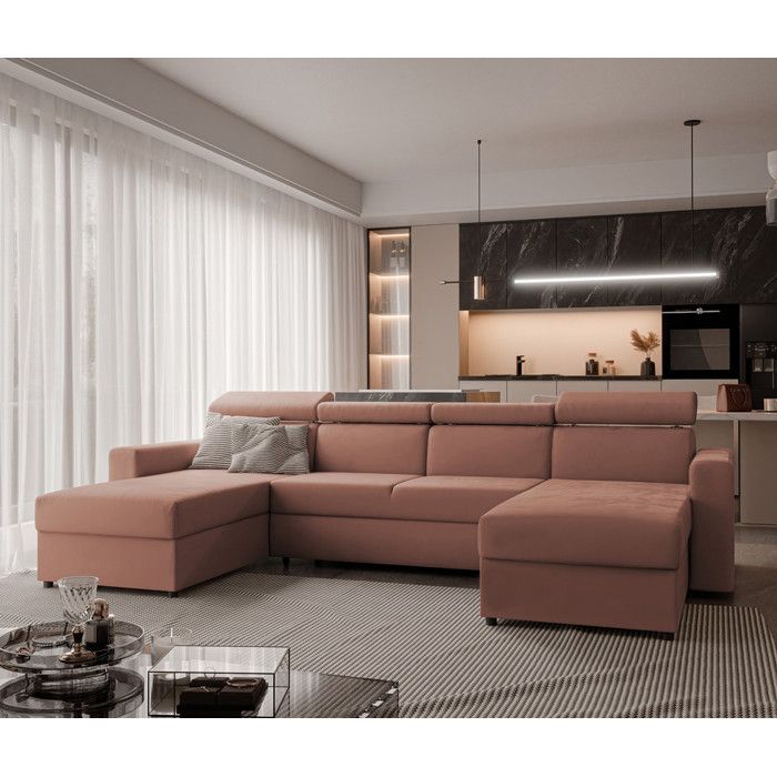 Canapé Panoramique BENI II - 6 places - Convertible avec Tétières - Tissu Velours - Couleur saumon