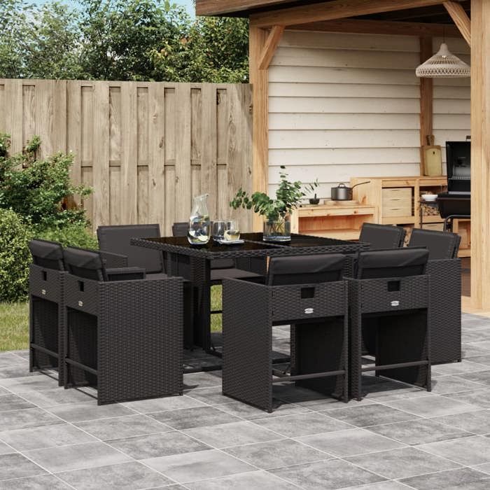 Ensemble à manger de jardin 9pcs coussins noir résine tressée-Mothinessto537