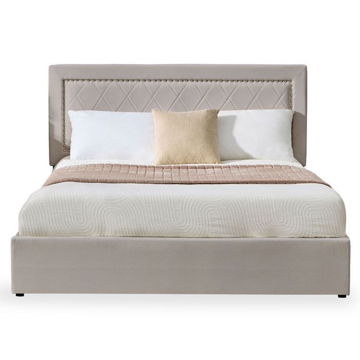 MENZZO Lit coffre Sandiego avec sommier relevable 160x200cm et tête de lit cloutée Velours Taupe - Velours Lit complet : L172 x P213