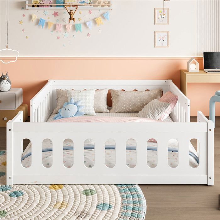 Lit Montessori 140x200 en Bois - Lit Au Sol pour Enfant et Bébé avec Barrière de Sécurité - Lit 2 Places pour Garçon Fille - Blanc