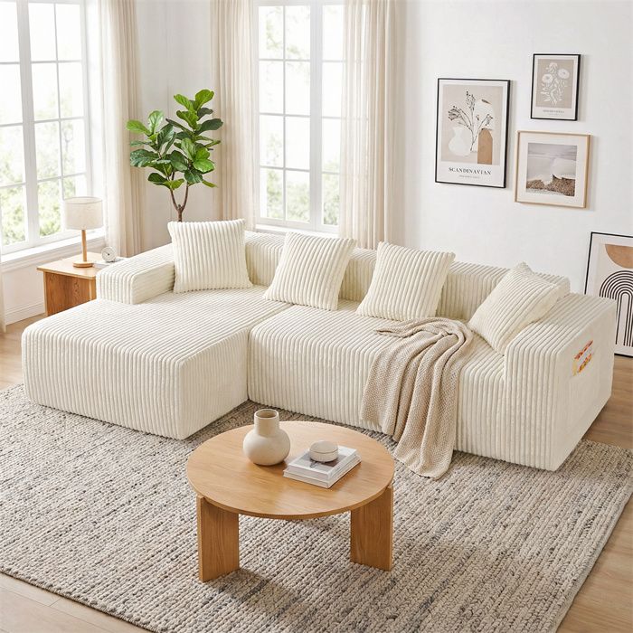 DRIPEX Canapé dangle gauche en velours côtelé + 4 coussinsCanapé 4 places sans assemblage avec méridienne en L261×156×80cmBeige