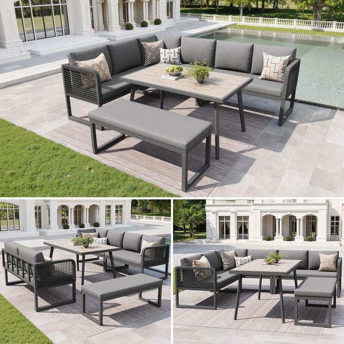 Merax Salon de Jardin - 6-8 Places - avec Table Repas et Canapé dAngle Modulable Coussins Épais Résistant UV - Gris Merax Salon de Jardin - 6-8 Places - avec Table Repas et Canapé dAngle Modulable Coussins Épais Résistant UV - Gris