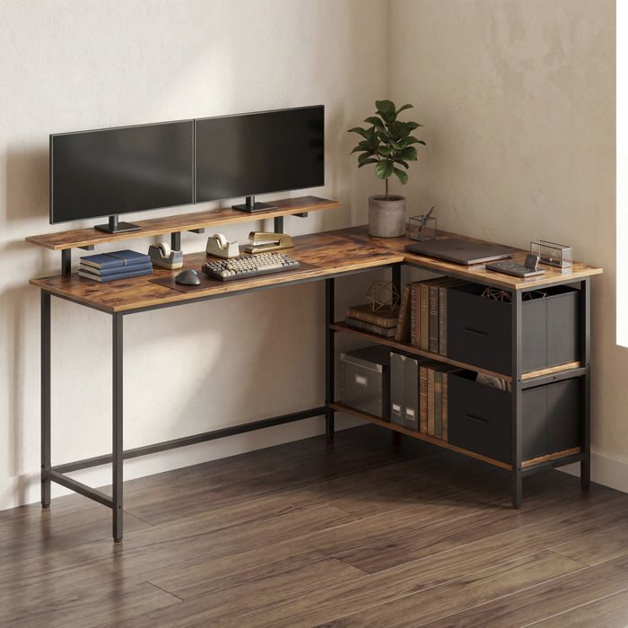 Bureau d’Angle avec Support d’Écran Bureau de Travail en L 2 Tiroirs Hauteur Réglable 155 x 105 cm Marron
