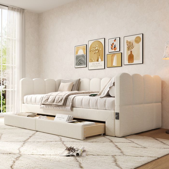 Luscriate - Lit capitonné 90x190 cm Canapé-lit extensible 180 cm 2 tiroirs USB tissu lin Design moderne - Beige