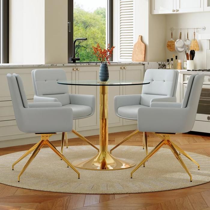 Ensemble table et chaises salle a manger ronde en verre trempé Table à manger avec 4 chaises en PU gris clair Pivotantes à 360°