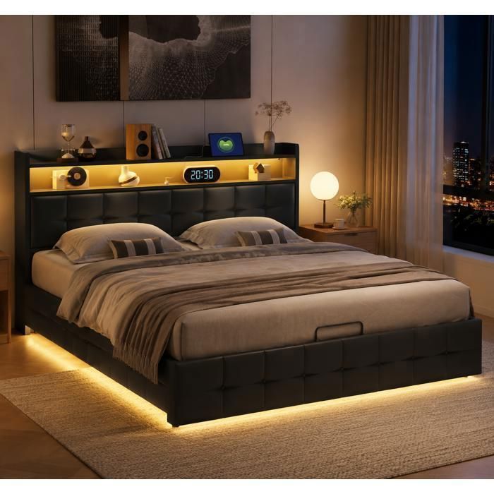 Lit coffre PU 160x200 cm noirLED RGBUSB & Type-Ctête de lit avec rangementlit double rembourré à lattes pour ados/adultes