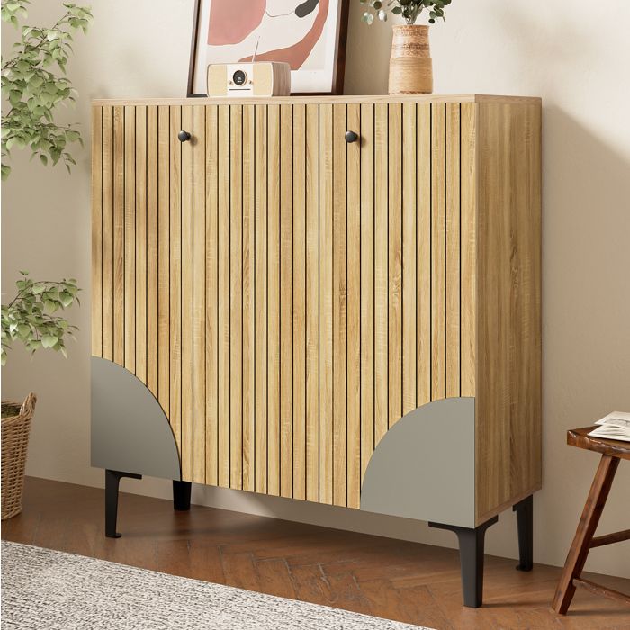 Meuble à chaussures 90x32x94 cm en bois 3 portes rangement fermé structure verticale moderne pieds noirs